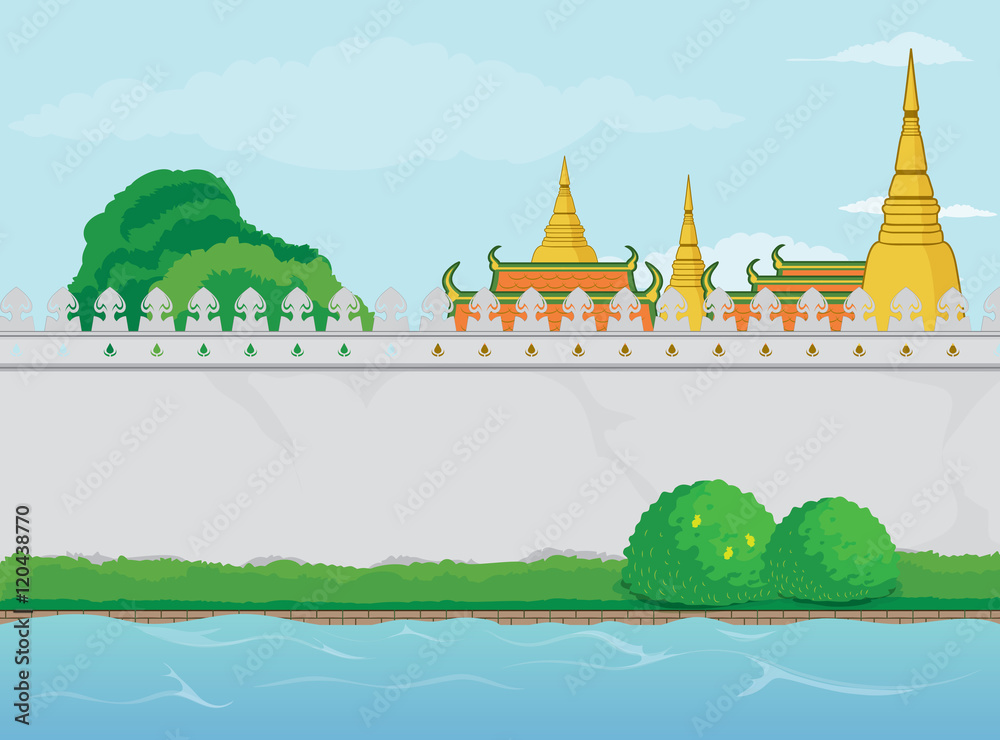 Vector Illustration of Buddhist Temple near a River with Blank Wall