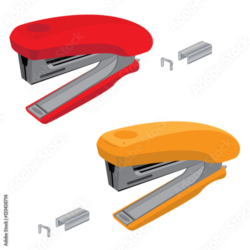 Stapler and staples. Red with orange stapler and staples isolated on white background.