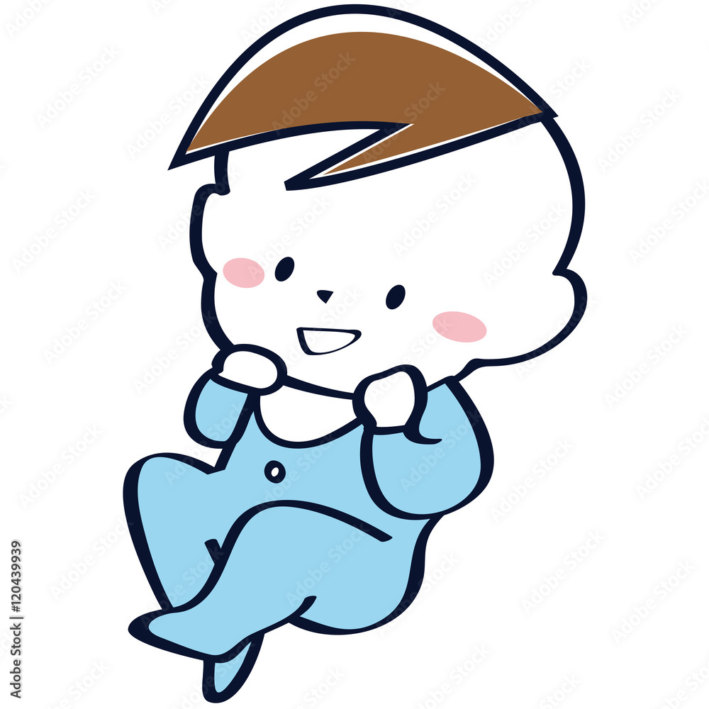 Fototapeta premium 不満そう青いベビー服を着た男の子の赤ちゃん