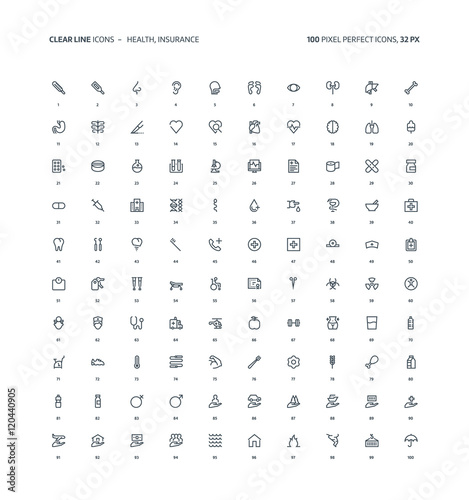 Health and insurance clear line icons