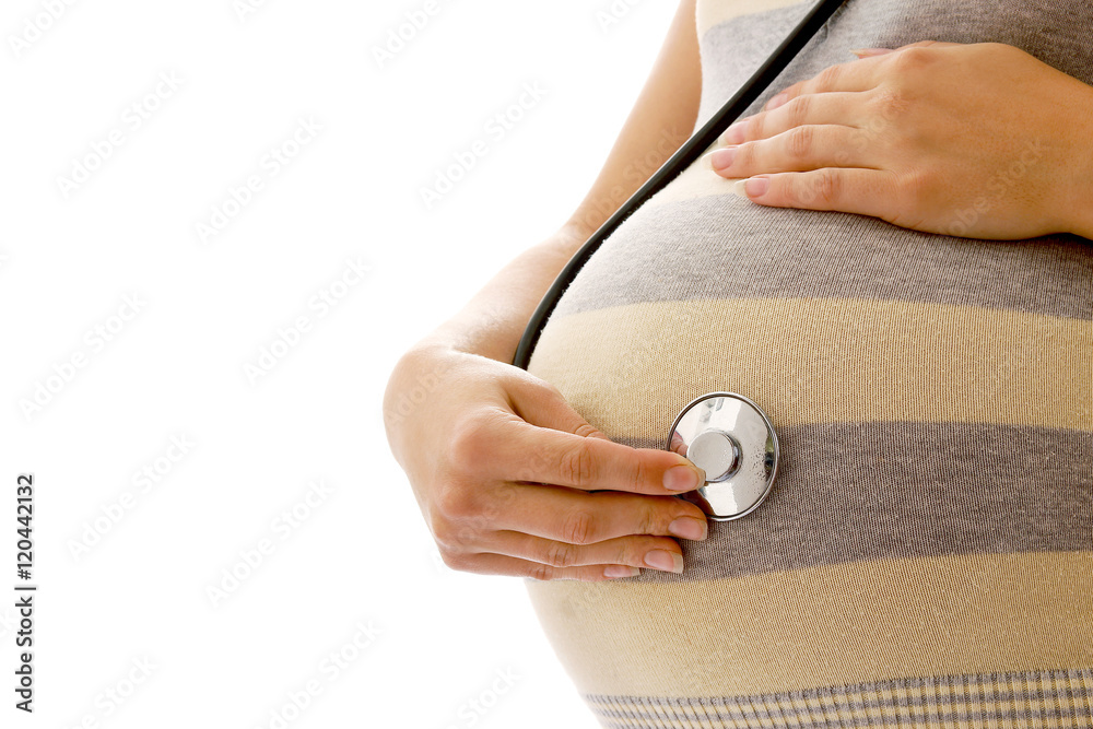 pregnant woman on a white background with a stethoscope