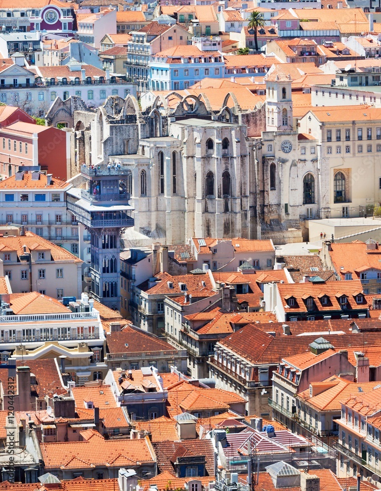 Santa Justa Lift in Lisbon, Portugal. Famous city landmark, Neo-Gothic architecture.