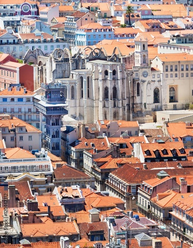 Santa Justa Lift in Lisbon, Portugal. Famous city landmark, Neo-Gothic architecture.