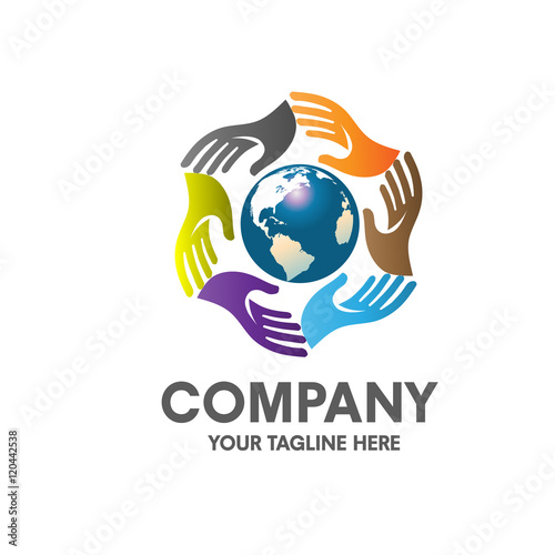Colorful hands  around earth globe, charity, non profit logo