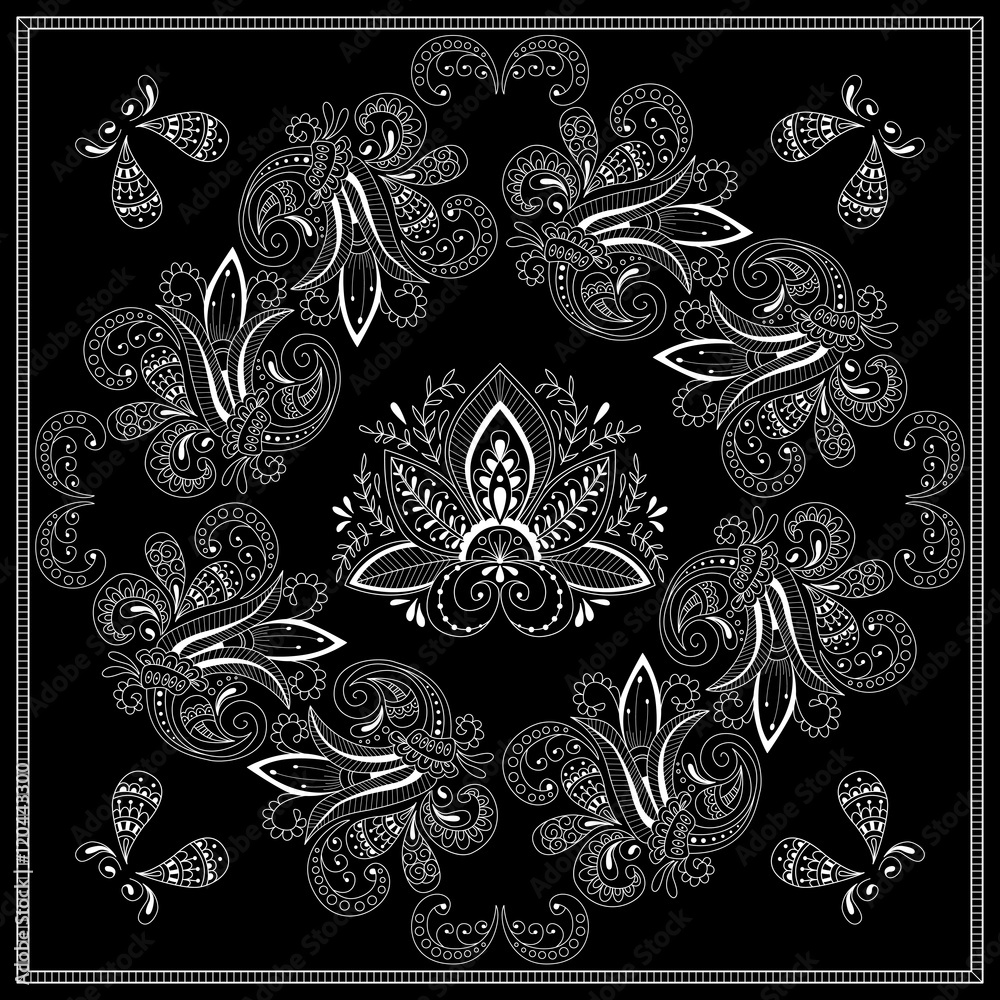 Black and white abstract bandana print with element henna style. Square ...