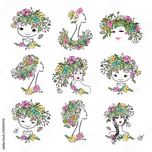 Female portrait with floral hairstyle, collection for your design