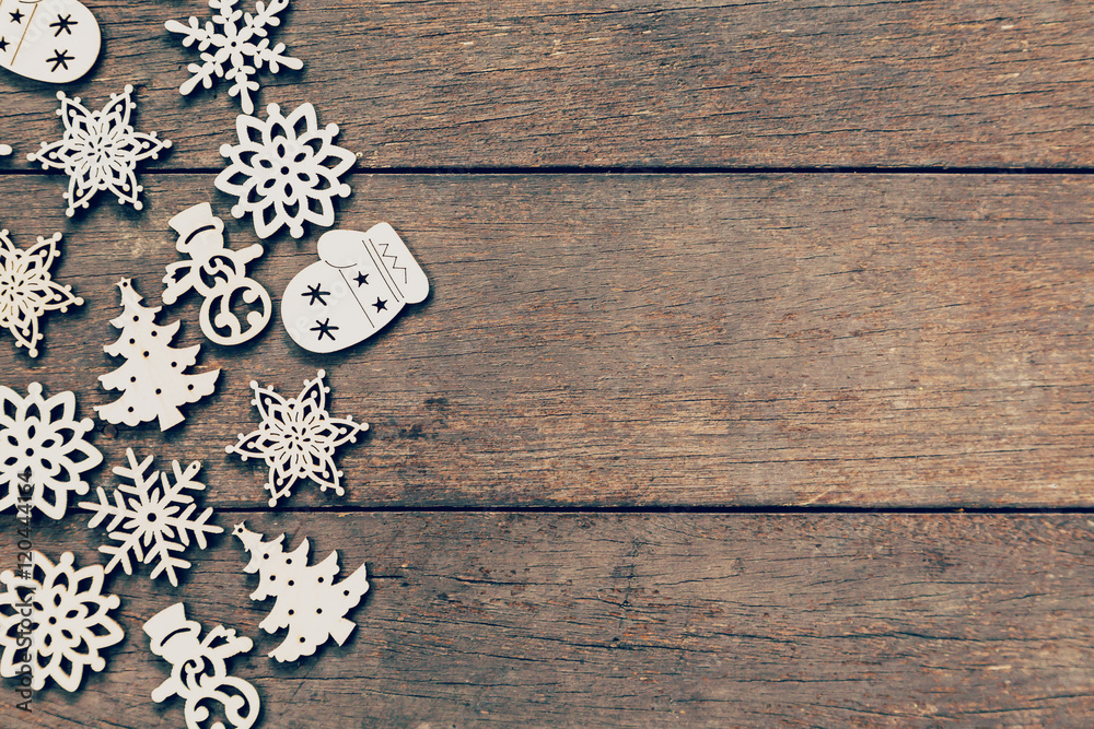 Wood christmas decoration on wood background with copyspace. Wood christmas decoration on wood background with copyspace.