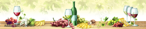 Panoramic image of wine and grapes. Can be used for kitchen skinali. Watercolor