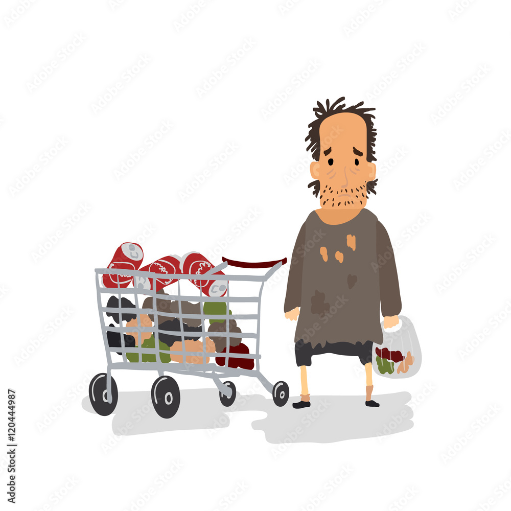 Cartoon Homeless with Shopping Cart. Vector Stock Vector | Adobe Stock