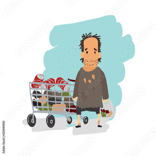 Homeless. Shaggy man in dirty rags with shopping cart. Vector