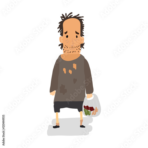 Homeless. Shaggy man in dirty rags and with a bag in his hand. Vector