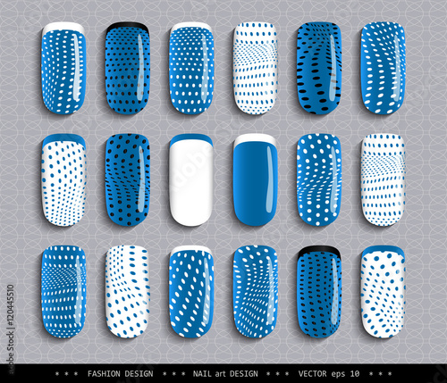 Nail art design. A set overhead nail, labels, stickers, elements for design. Ideas for manicure, pedicure, beauty salons, modeling agencies. Fashion trends. Collection in color. Vector illustration 