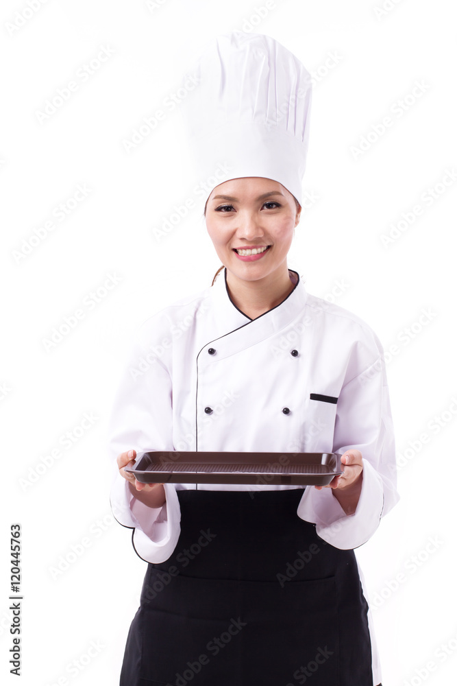 happy, smiling, positive female chef's hand holding blank food t happy, smiling, positive female chef's hand holding blank food t