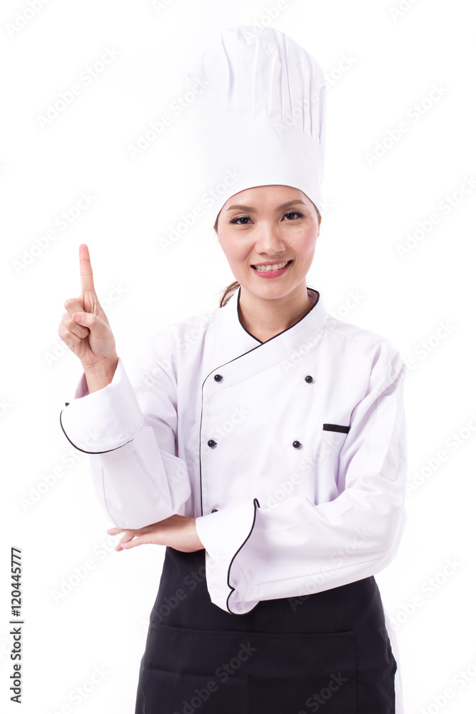 happy, smiling, positive female chef pointing up one finger happy, smiling, positive female chef pointing up one finger