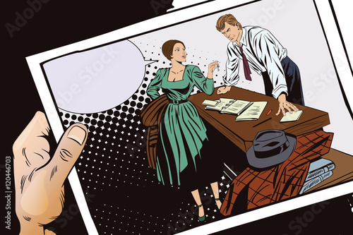 Private detective and girl. Hand with photo.