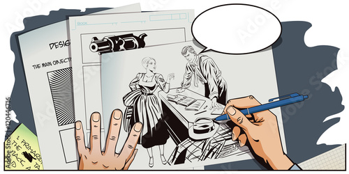 Private detective and girl. Hand paints picture.