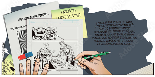 Private detective and girl. Hand paints picture.