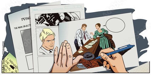 Private detective and girl. Hand paints picture.