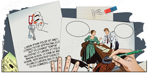 Private detective and girl. Hand paints picture.