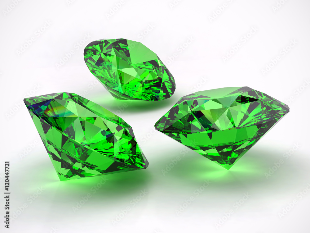 Green Diamonds isolated on white background with light reflection. 3d Green Diamonds isolated on white background with light reflection. 3d