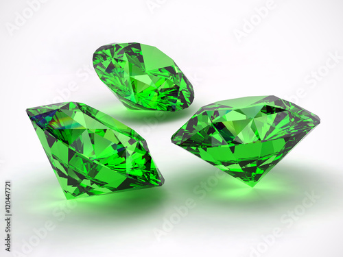 Green Diamonds isolated on white background with light reflection. 3d