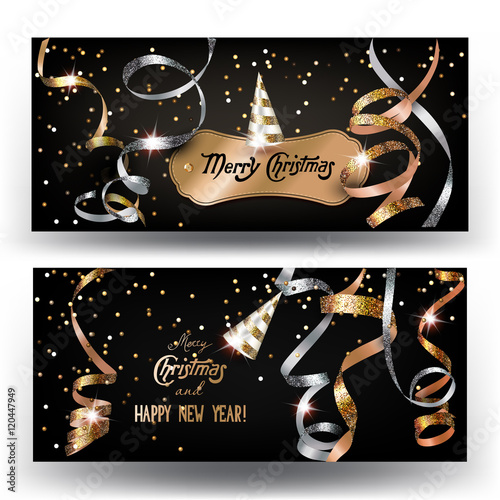 Holiday banners with gold and silver sparkling serpentine. Vector illustration