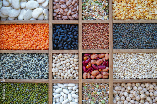 Collection assorted of lentils, beans, peas, grain, groats, soyb