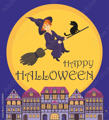 Halloween greeting card with the image of the little witch and old houses