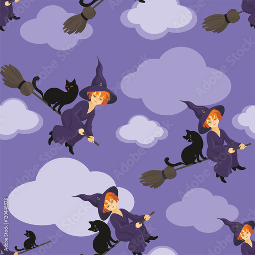 Halloween seamless pattern  with the image of the little witch