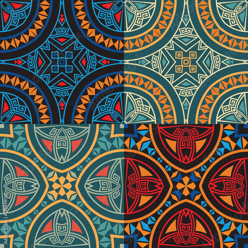 collection of four colorful tribal ethnic seamless patterns