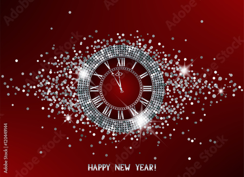 Magic new year composition with sparkling silver clock. Vector illustration