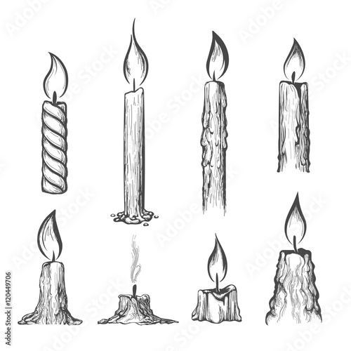 Candle hand drawn set. Vector burning candles sketch on white