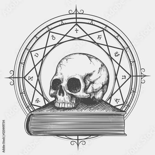 Magic book sketch. Esoteric concept of human skull on occult book hand drawn vector illustration
