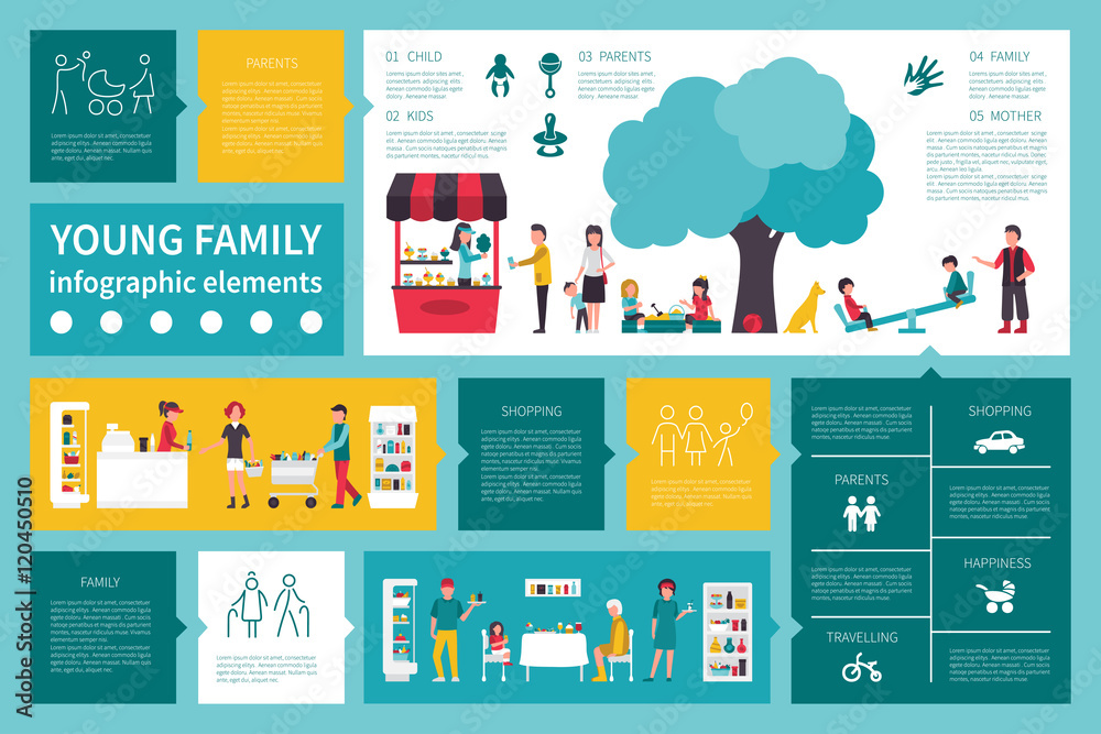 Young Family infographic flat vector illustration. Presentation Concept