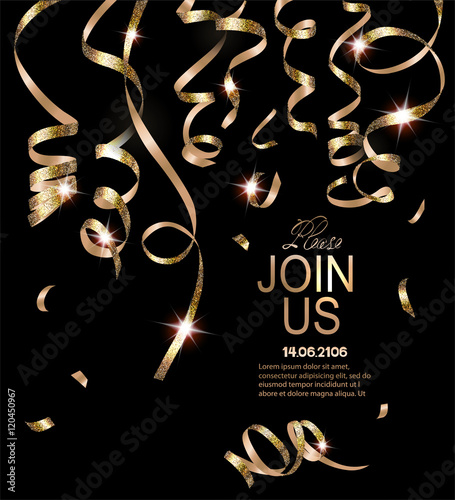Beautiful curled realistic sparkling ticker tapes. Holiday background. Vector illustration