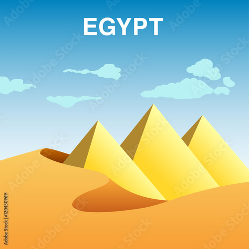 Colorful illustration of Egypt pyramids in dessert.