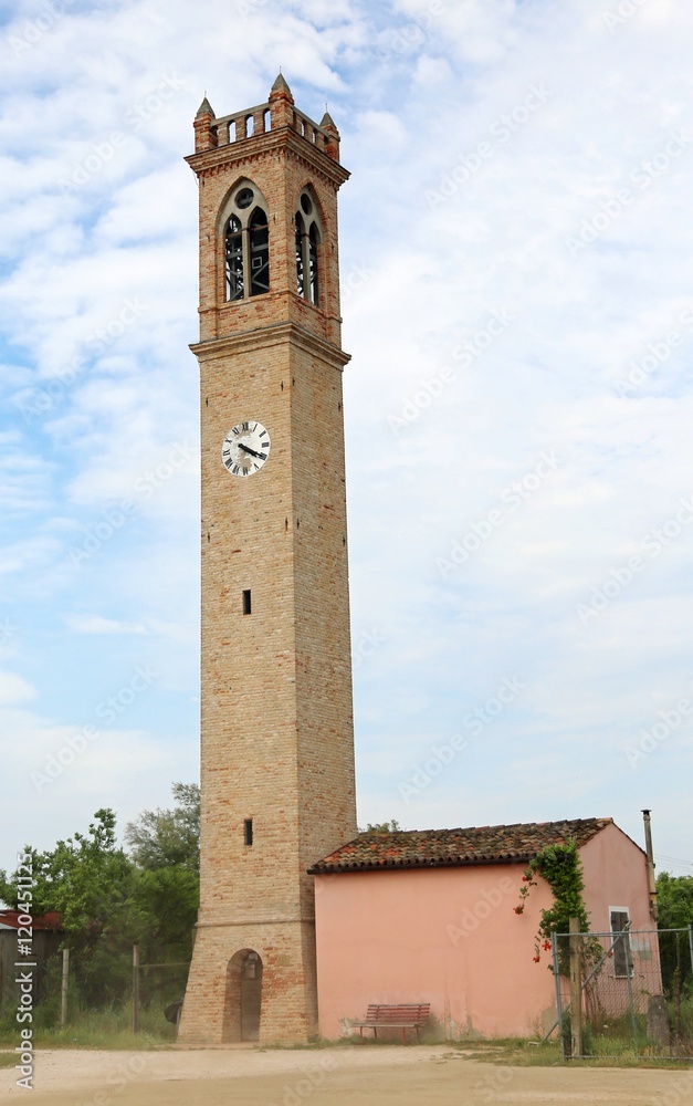 church tower with clock near Venice in Italy