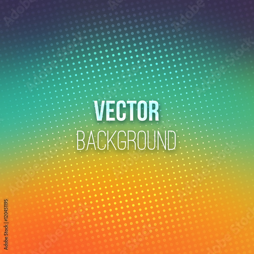 Colorful blurred background with halftone effect overlay. Dotted pattern on smooth emerald and orange abstract gradient backdrop. Vector illustration