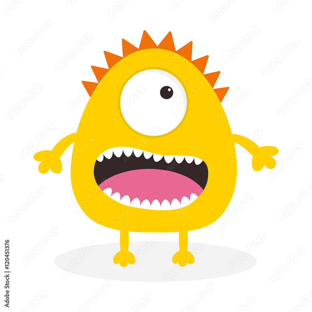 Yellow monster with one eye, teeth, tongue. Funny Cute cartoon character.  Baby collection. Isolated. Happy Halloween card. Flat design. White  background. Stock Vector | Adobe Stock