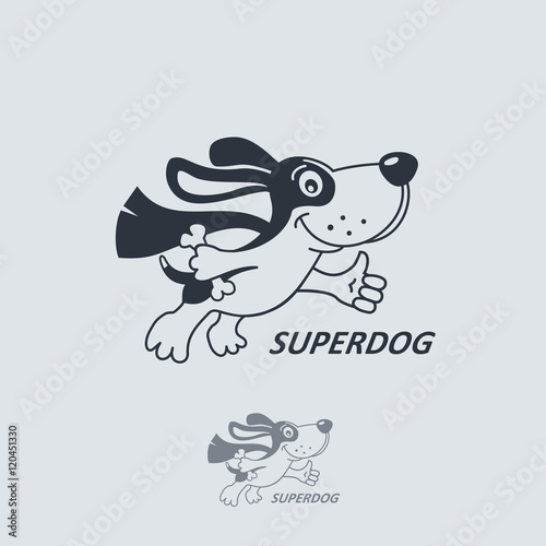 Funny cartoon dog in superhero costume with bone and thumb up. Vector logo.