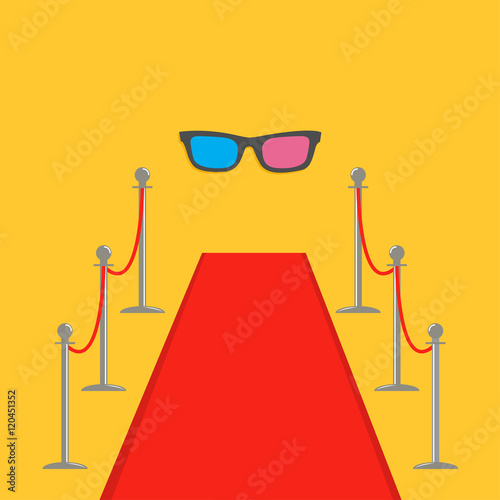 Red carpet and rope barrier golden stanchions turnstile 3D glasses. Isolated template Yellow background. Flat design