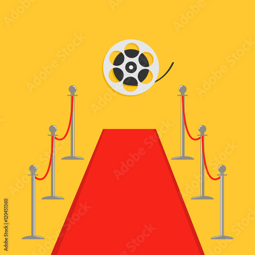 Red carpet and rope barrier golden stanchions turnstile Movie premiere Cinema reel. Isolated template Yellow background. Flat design