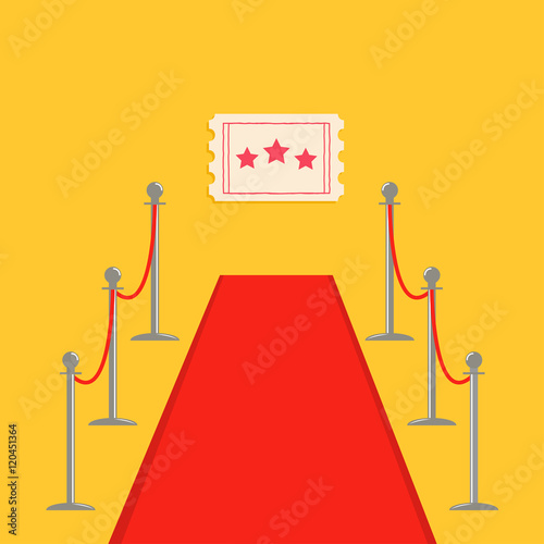 Red carpet and rope barrier golden stanchions turnstile Movie premiere ticket with stars. Isolated template Yellow background. Flat design