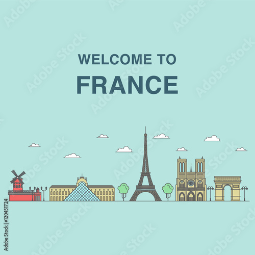 Flat illustration of Paris city landscape with famous french bui