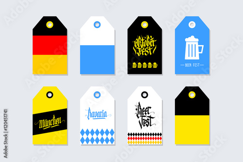 Collection of Oktoberfest gift tags. Germany, Bavaria, Munich. Set of German Beer Fest labels with hand drawn elements. Holiday badge design. Vector illustration.