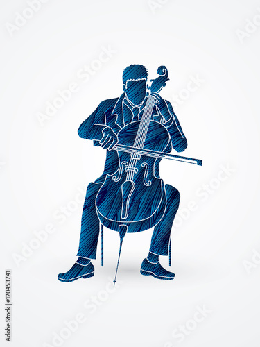 Cello player designed using blue grunge brush graphic vector.