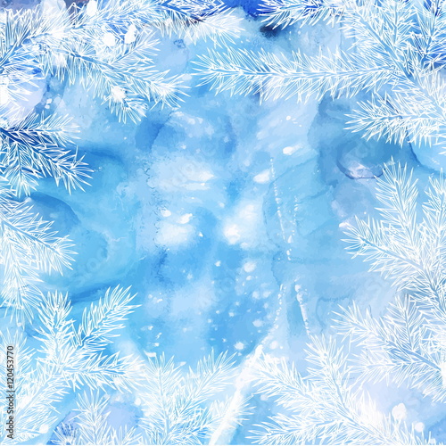 Winter background of fir branches. Christmas vector background with fir tree branches frame © rajjkot