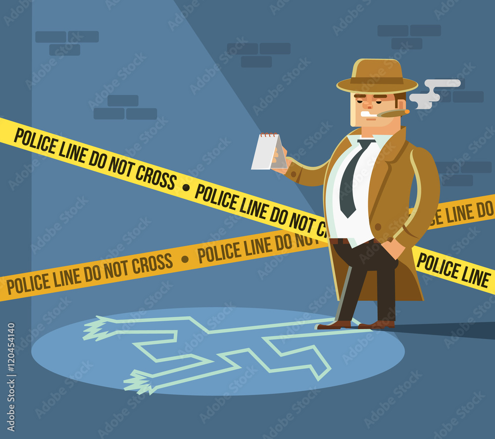 Detective at crime scene. Dead body. Vector flat cartoon illustration Stock  Vector | Adobe Stock