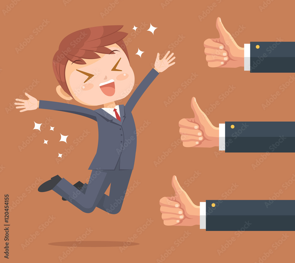 Happy businessman character and many hands with thumbs up. Vector flat  cartoon illustration Stock Vector | Adobe Stock