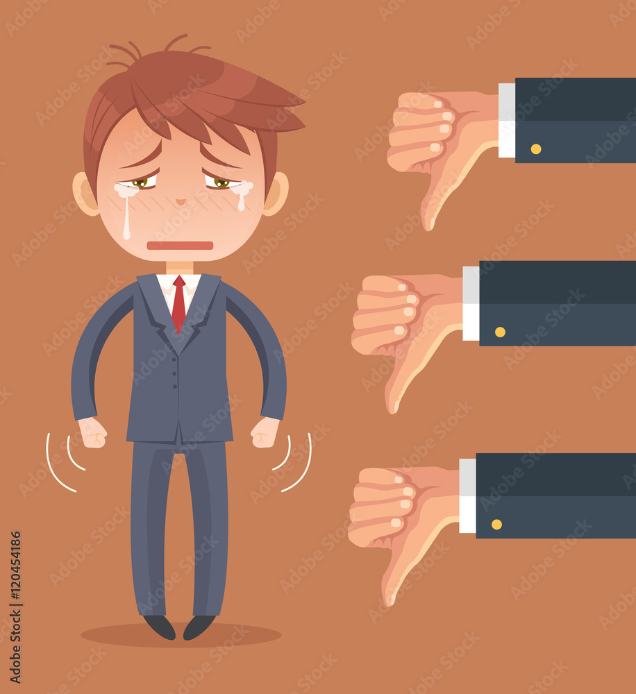 Sad businessman character and many hands with thumbs down. Vector flat cartoon illustration Sad businessman character and many hands with thumbs down. Vector flat cartoon illustration